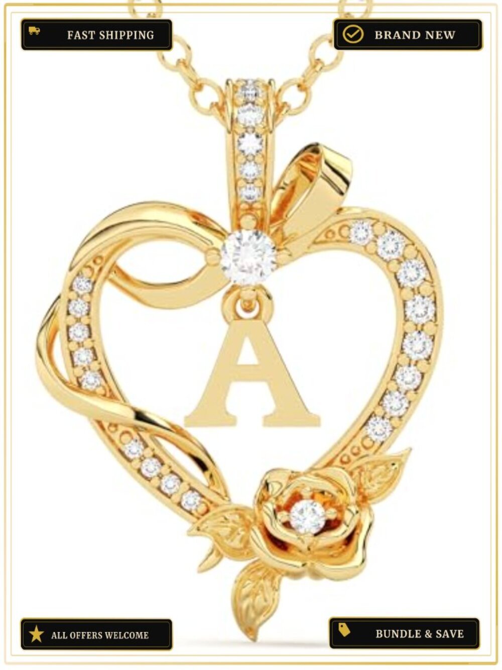 14K Gold Plated Initial Heart Pendant Necklace with Rose, Personalized Letter